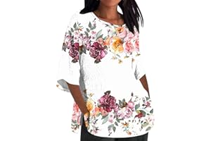 GENERIC Linen Cotton Shirts for Women 2024 Summer 3/4 Sleeve Loose Blouse Tees Dressy Casual Crewneck Tops Lightweight Comfy Tshirt