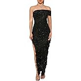 MIJUNMIO Off Shoulder Sleeveless Women's Bodycon Floor Length Ruffle Split Sparkly Party Cocktail Evening Maxi Dress
