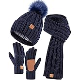 Womens Beanie Hat Scarf Gloves Set, Soft Fleece Lined Winter Hat with Pom Pom, Long Knit Scarf Neck Warmer Touchscreen Gloves for Cold Weather, 3 in 1 Warm Set(F09) Navy
