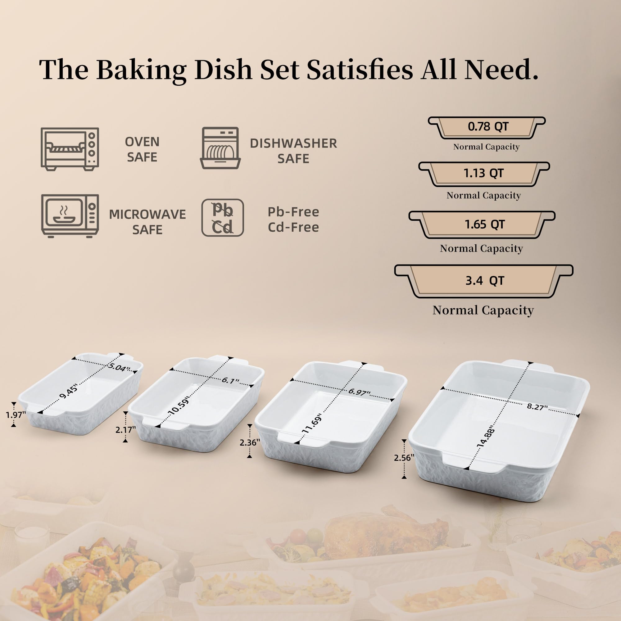 Dafuceramic Casserole Dishes for Oven, Baking Dishes, Ceramic Bakeware Sets of 4, Rectangular Baking Pan Set with Handles for Baking, Casserole, Kitchen, Wedding Gift,White