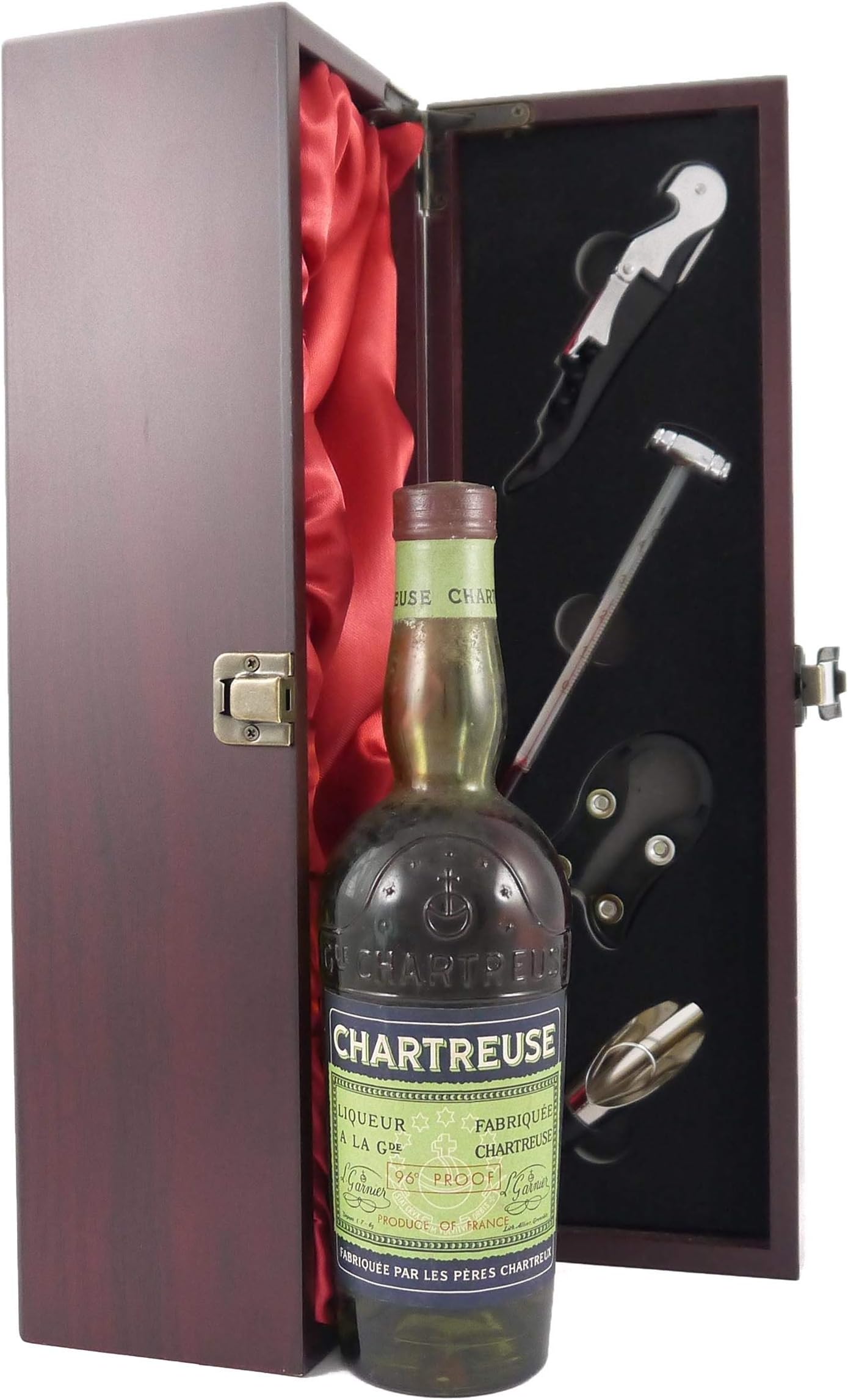 1950's Bottling Grande Chartreuse Green L Garnier 96% Proof in a silk lined wooden box with four wine accessories, 1 x 375ml