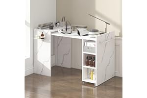 KIKIHOUSE Foldable Manicure Table Nail Desk, Expandable Nail Tech Table with Storage Fabric Drawer Adjustable Shelf, Wall Mount Nail Station Modern Multipurpose Table Home Office Beauty Spa Salon, White Marble