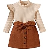 Fernvia Toddler Baby Girl Fall Winter Skirt Set Turtleneck Ribbed Long Sleeve T-Shirt Top & Plaid Skirts Dress 2Pcs Outfits