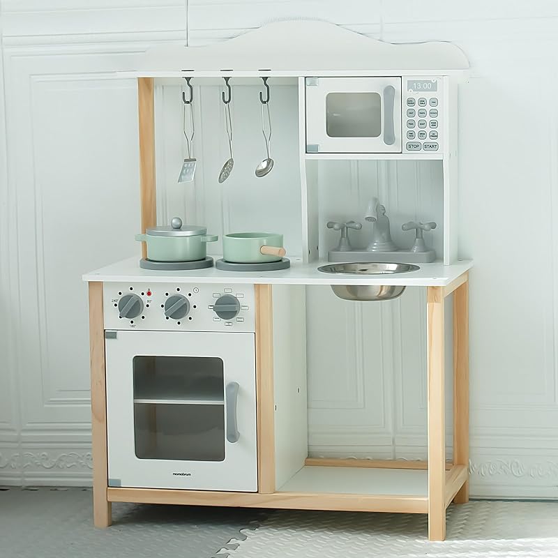 Cuisine en Bois Enfant Montessori 3+ Ans – Micro-Ondes, Four, évier & Accessoires Inclus – Solide, sûre, éducative, Couleurs Naturelles, Jeu créatif Durable