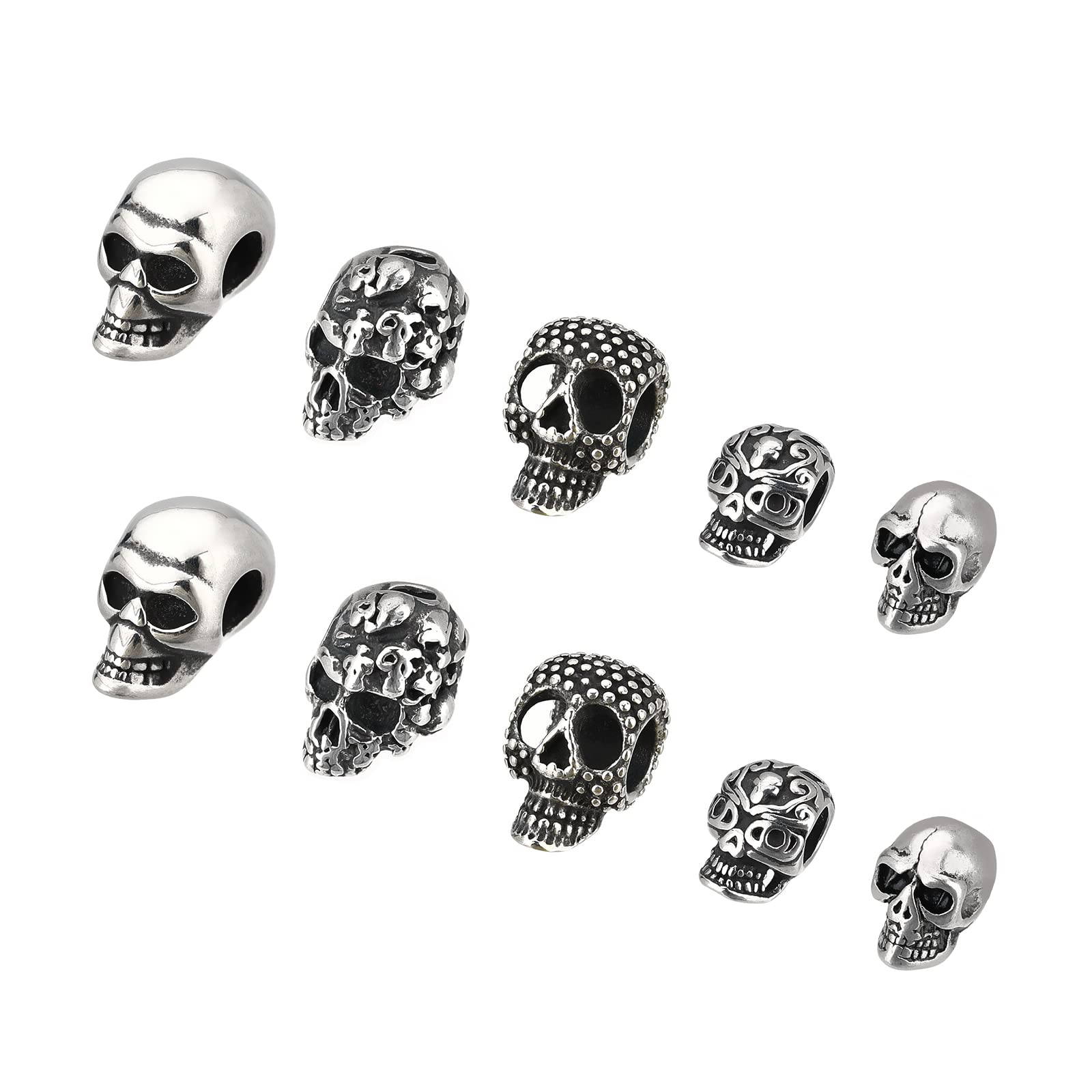 Photo 1 of DICOSMETIC 10pcs 5 Styles Skull Beads Spacer - Tibetan Stainless Steel Skeleton Large Hole European Punk Halloween Beads for Jewelry Making, Hole: 4-6mm