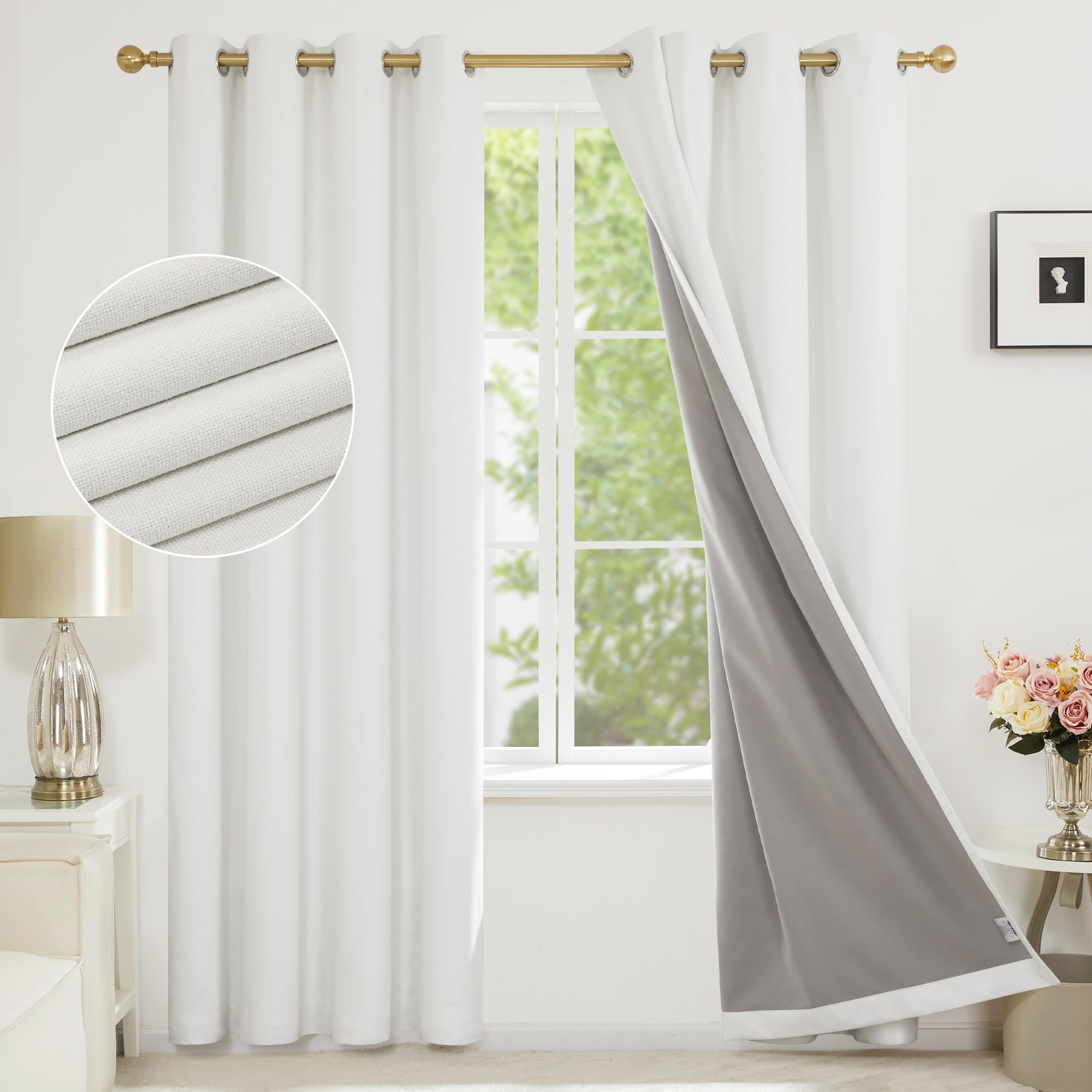 Deconovo Total Blackout Curtains 84 Inch Drop with Thick Coating, Faux Linen Eyelet Door Thermal Curtains for Living Room, 52 x 84 Inch(Width x Length), White,One Pair