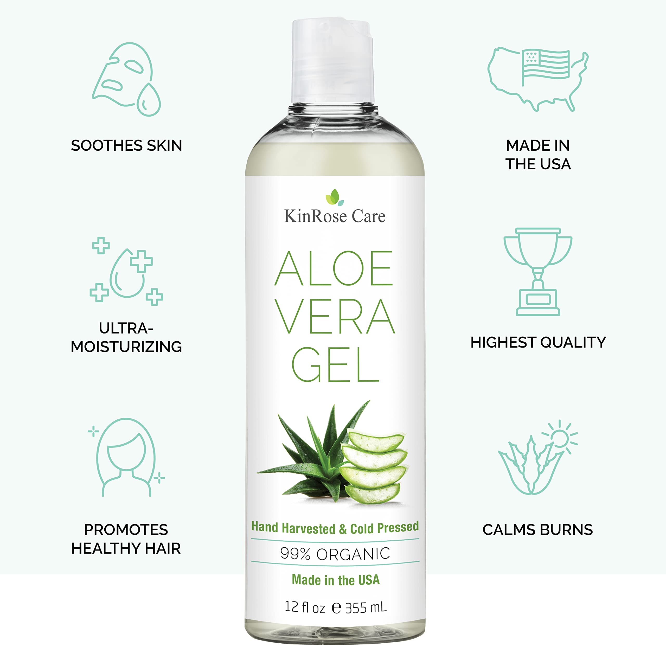 12oz Organic Aloe Vera Gel for Face, Skin, Hair & Sunburn Relief - From 100 Percent Pure Aloe Vera - Cold Pressed, Vegan, Unscented - Made in USA.