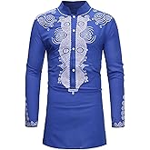 HEFASDM Men's Long Sleeve African Dashiki Traditional Gold Print Button Down Shirts