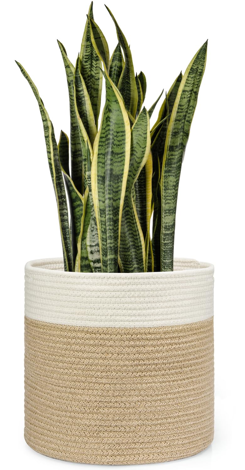 Photo 1 of Dahey Jute Spliced Cotton Rope Plant Basket Modern Woven Storage Basket for 12" Floor Indoor Planter, Decorative Flower Pots Cover Laundry Bin with Handle Rustic Home Decor, White and Beige