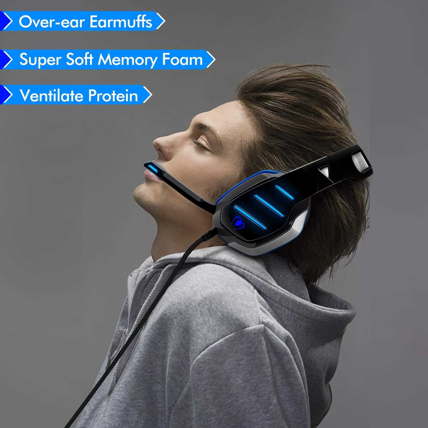PS4 Gaming Headset with Mic, Beexcellent Newest Deep Bass Stereo Sound Over Ear Headphone with Noise Isolation LED Light for PC Laptop Tablet Mac (Blue): Computers & Accessories