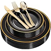 WDF 125Pieces Black Plates Disposable with Gold Rim & Disposable Gold Plastic Silverware for Halloween - 50 Graduation Plates - 25 Forks, 25 Knives, 25 Spoons
