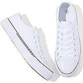 Adokoo Canvas Tennis Shoes for Women Low Top Casual White Black Sneakers for Women Lace Up Fashion Comfortable Walking Shoes