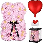 Rose Bear Valentine's Day Flower Gifts for Mom Grandma, Rose Teddy Bear with Lights, Cute Teddy Flower Bear, Cute Romantic Gifts for Wife Girlfriend with Transparent Gift Box and Love Card