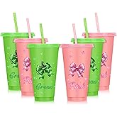 Skylety 6 Pcs Witch Party Decoration Pink and Green 24 oz Plastic Cups with Lids and Straws Witch Movie Party Favors Reusable Tumblers Bulk for Halloween Princess Theme Birthday Friendship Day