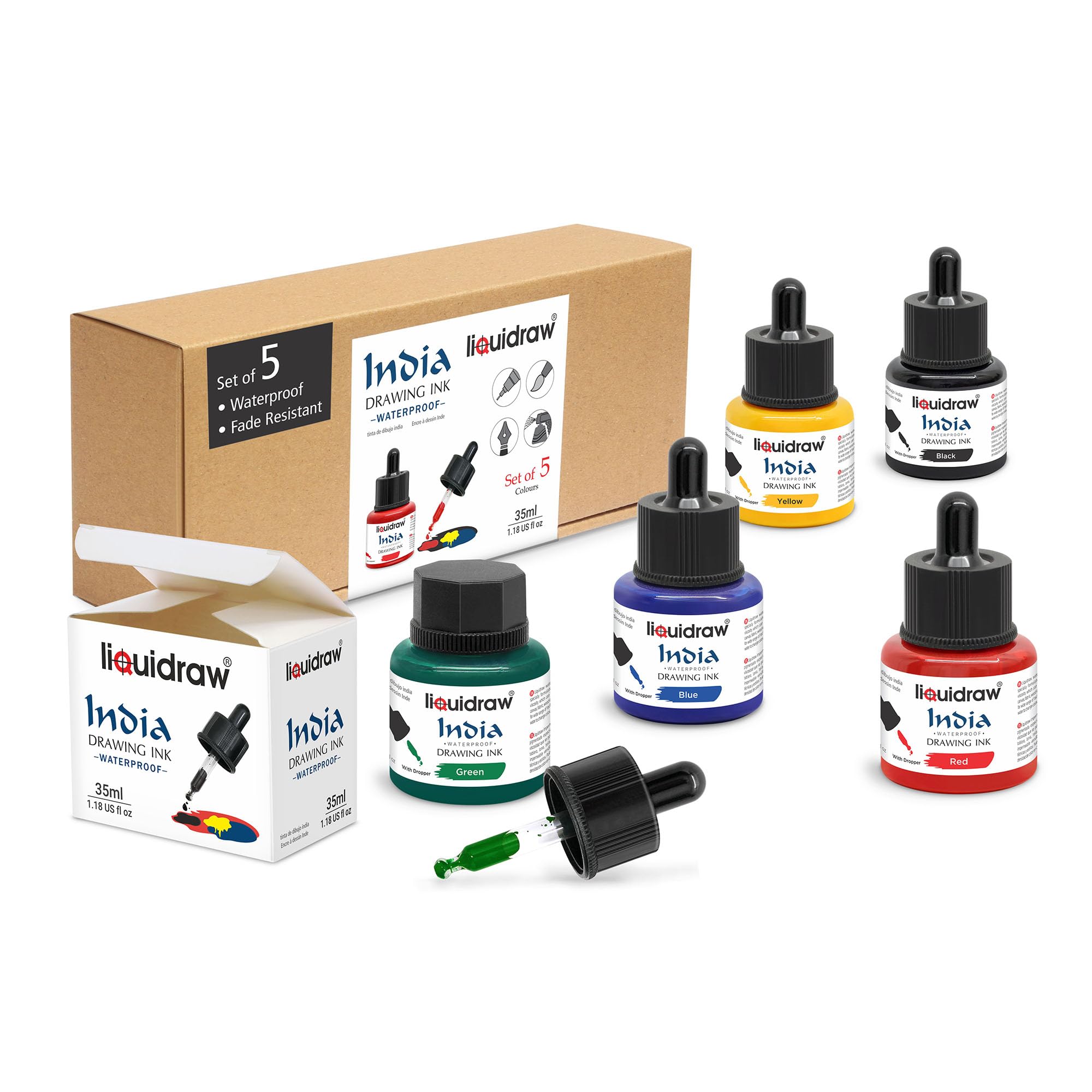 Liquidraw Waterproof Coloured Drawing Ink with Dropper | 5 x 35 ml Bottles | Set of Assorted Colours | India Ink for Calligraphy, Pens, Brushes & Dip Pens | Ideal for Drawing, Writing & Art Projects — image 1