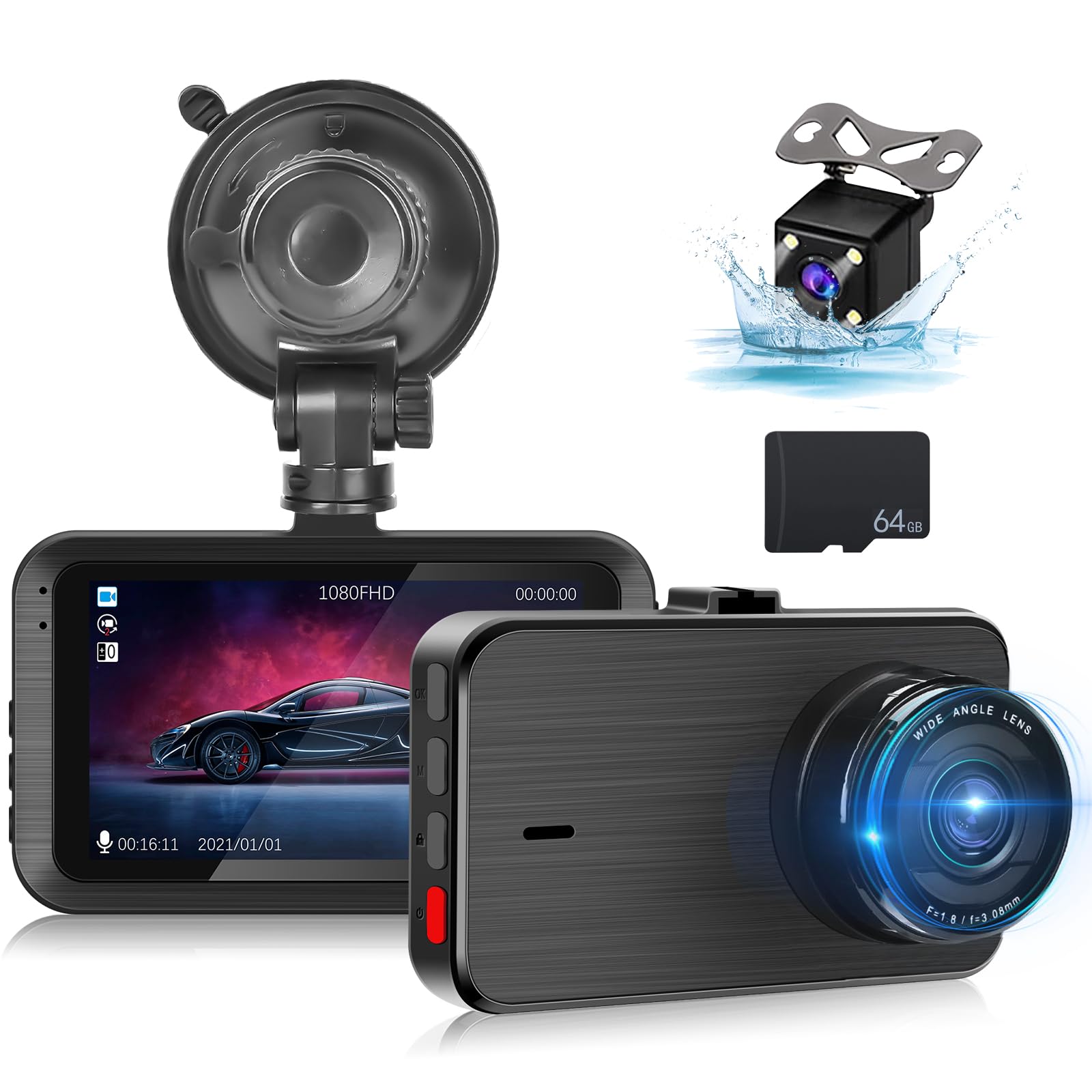 Photo 1 of ***NOT WIRELESS***Dash Cam Front and Rear - 3 inch IPS Screen 1080P Full HD DVR Dash Camera for Cars with 64G SD Card - 150°Wide Angle Car Dashboard Cam - Night Vision, G-Sensor, Parking Monitor***NOT WIRELESS***