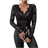 WDIRARA Women's Floral Embroidery Mesh Lace Top V Neck Sheer Long Sleeve Blouse