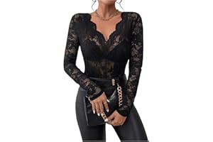 WDIRARA Womens Lace Floral Embroidery Tops Sexy See Through Long Sleeve Shirts
