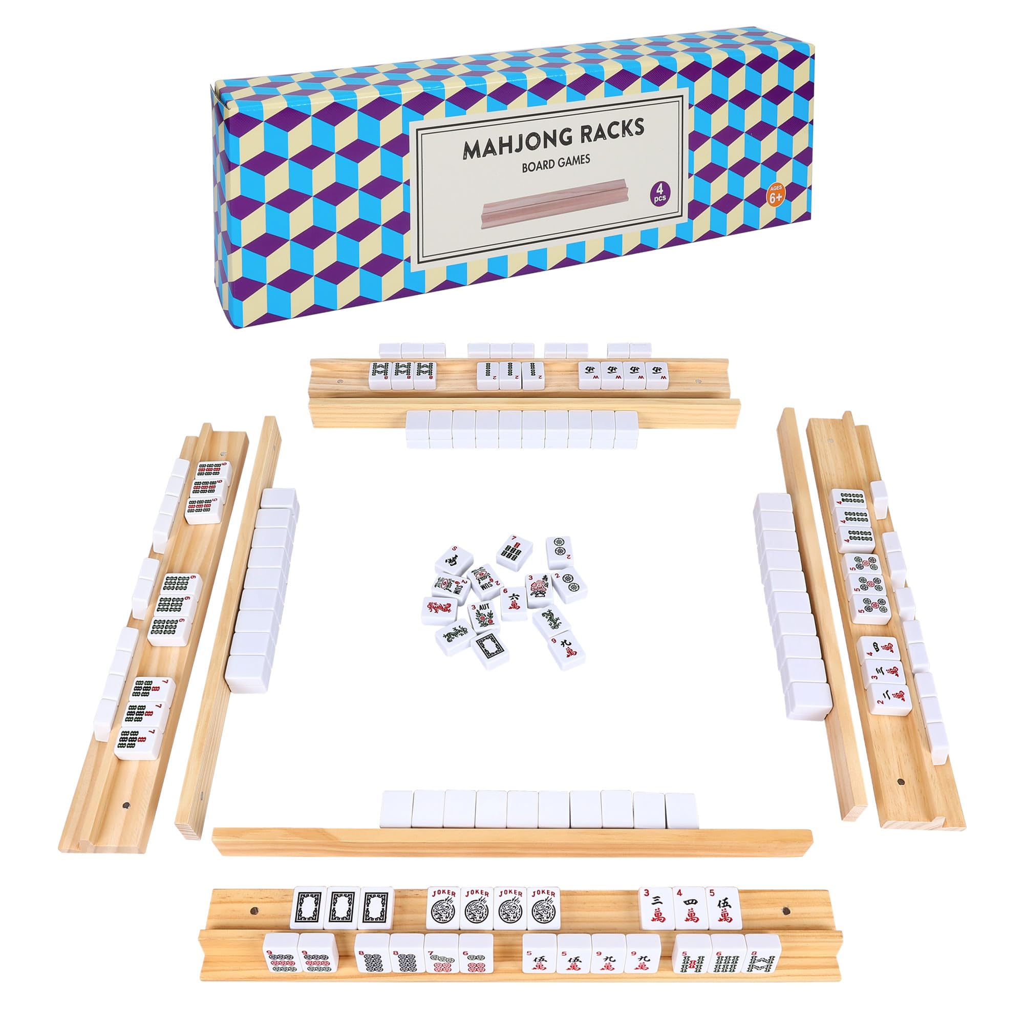 Photo 1 of Offelec Upgraded Mahjong Racks with Pushers, Set of 4 Trays for American Mahjong Games, Wooden Holders for Mahjong, Mexican Train, Dominoes (Includes Magnetically Attached Mahjong Pushers)