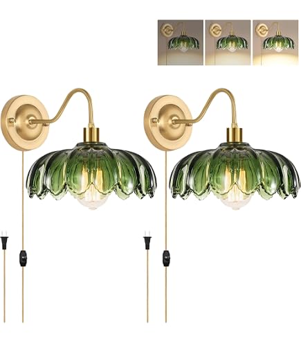 Rnidaipi Battery Operated Wall Sconce – Retro Brass, Green Lily Of The Valley Glass Shade, Adjustable Chain, Remote Control, For Bedside Or Bedroom