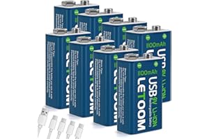 LETOOM USB Rechargeable 9V Lithium Batteries, 1000mAh, Set for Smoke Detectors, Alarms, Toys, Flashlights (8 Pack)