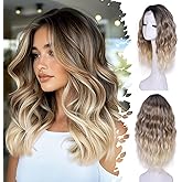 ANNISOUL Ombre Blonde Short Wavy Wigs for Women 18Inch Bob Wave Wig Middle Part Synthetic Lace Front Natural Hairline Hair for Daily Party Use