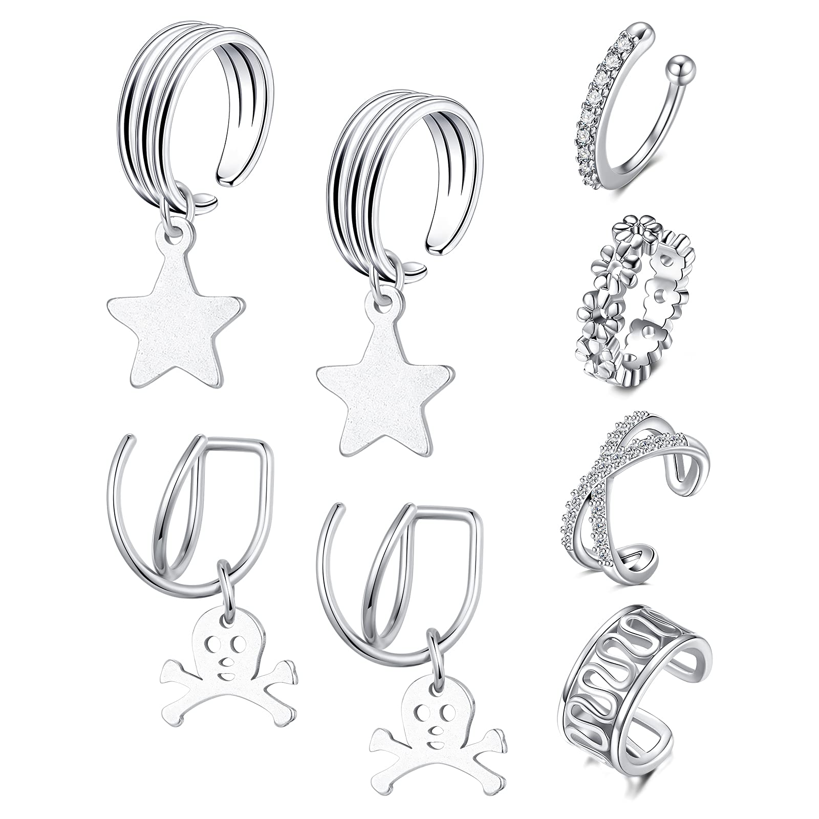 D.Bella 8Pcs Ear Cuff Pack Stainless Steel Helix Cartilage Clip On Wrap Earrings Fake Earrings Clip On Cartilage Non Pierced Cuff Earring Adjustable Set