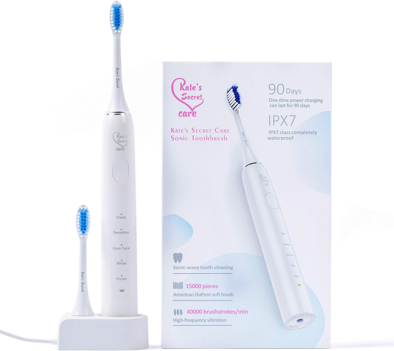 Kate's Secret Care Sonic Toothbrush Rechargeable One Charge Minimum 90 Days Use 5 Modes IPX7 Class Completely Waterproof 2 American Dupont Soft Head Brush - White