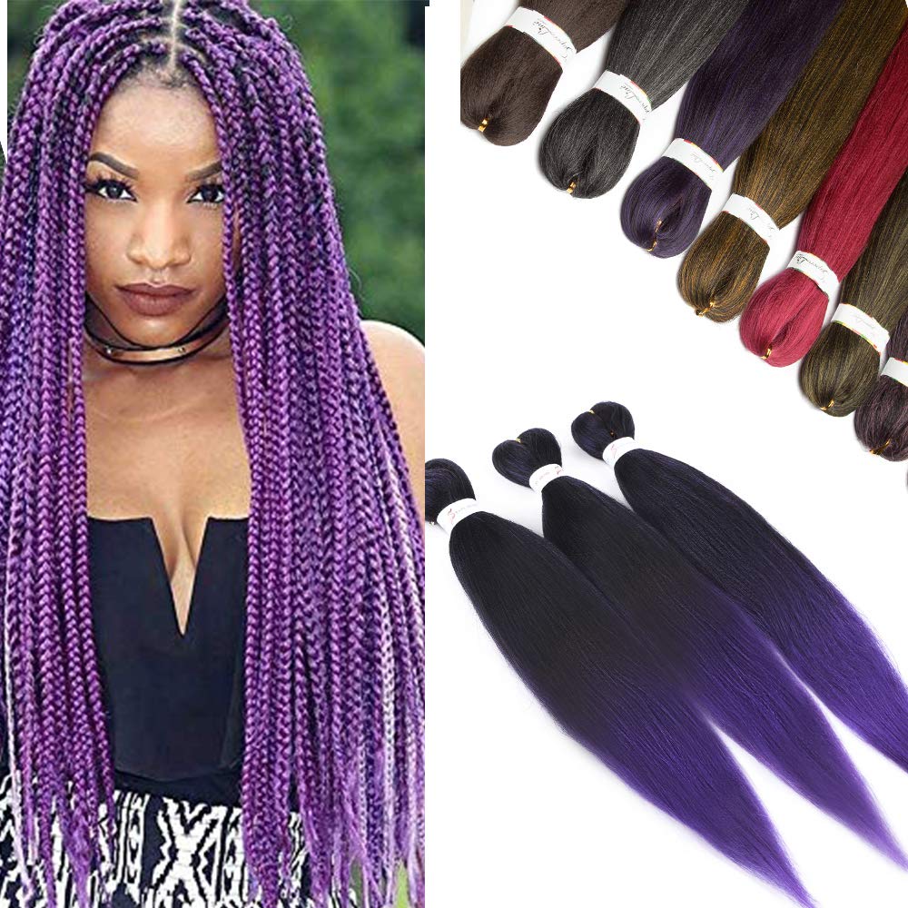 3 Packs Pre-stretched Braiding Hair Easy Braid Professional Itch Free Synthetic Fiber 20" Corchet Braids Yaki Texture Hot Water Setting, Natural Black & Purple