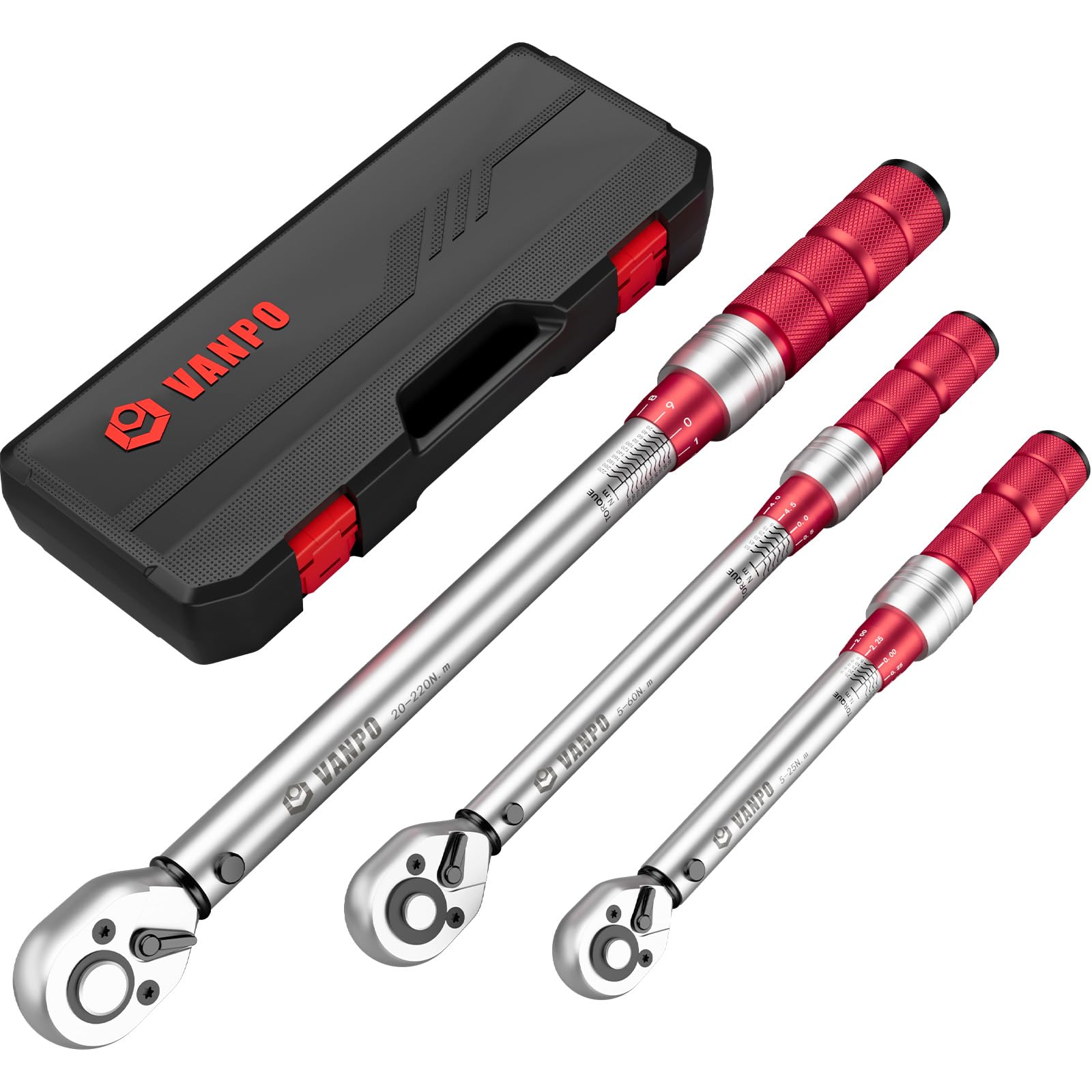 VANPO Torque Wrench 1/4 Inch & 3/8 Inch & 1/2 Inch, 3 Pieces Maintenance Kit for Bike Motorcycle, Auto Bike, Torque Wrench 5-25Nm, 5-60Nm, 20-220Nm, Accuracy ±3% with 72 Teeth Reversible Ratchet Head