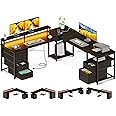 AODK 66" L Shaped Computer Desk, 113“ Reversible Home Office Desk with File Cabinet & 4 Fabric Drawers, Two Person Desk with LED Lights & Power Outlet, Corner Gaming Desk with Monitor Shelf, Black