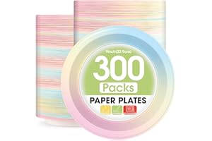 Pureegg Paper Plates 9 inch - 300 Packs, 100% Compostable, Disposable Plates, Soak-Proof Heavy Duty Paper Plates for Dinner or Lunch, Sturdy Dinner Plates, Party Plates (D 27 Rainbow)