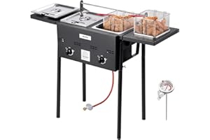 VEVOR Outdoor Propane Deep Fryer, Dual-Tank 8QTx2 Commercial Fryer, Stainless Steel Cooker with Foldable Platform, Dual Basket, and Heat Adjustment, Floor Standing Fryers for Restaurant Home Snack Bar