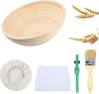juehu Gärkorb Gärkörbchen Brot Proofing Körbe 25cm Rund Brotkörbchen Für 1kg Brotteig für Gerkörbe Set aus natürlichem Peddigrohr mit Leinen-Liner-Tuch & Handgemacht,garkorb Brot mit Teigschaber