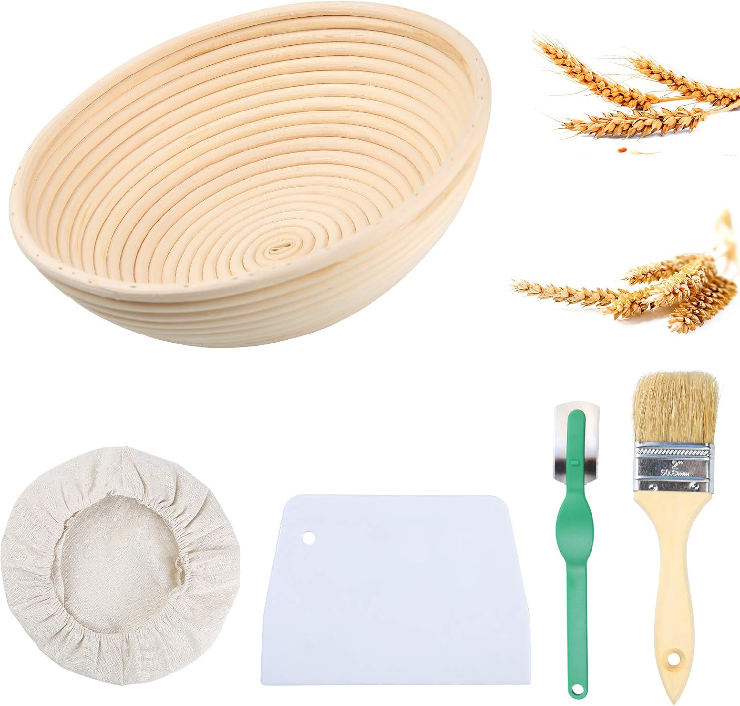 juehu Gärkorb Gärkörbchen Brot Proofing Körbe 25cm Rund Brotkörbchen Für 1kg Brotteig für Gerkörbe Set aus natürlichem Peddigrohr mit Leinen-Liner-Tuch & Handgemacht,garkorb Brot mit Teigschaber