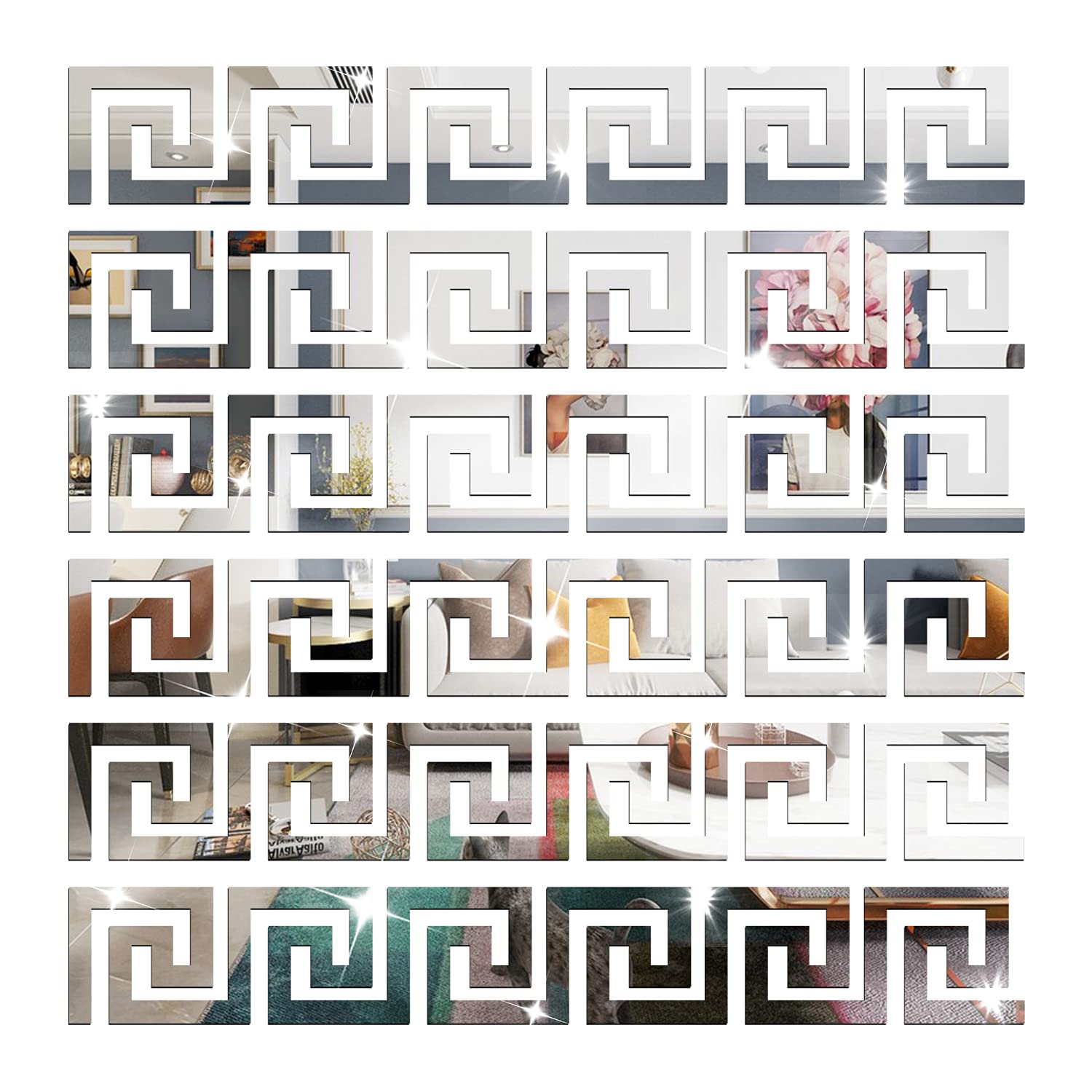 NAILDOKI DIY Wall Decals Acrylic Mirror Sticker Set, Mirror Wall Stickers for Living Room Bedroom Decor (Greek Key Silver)