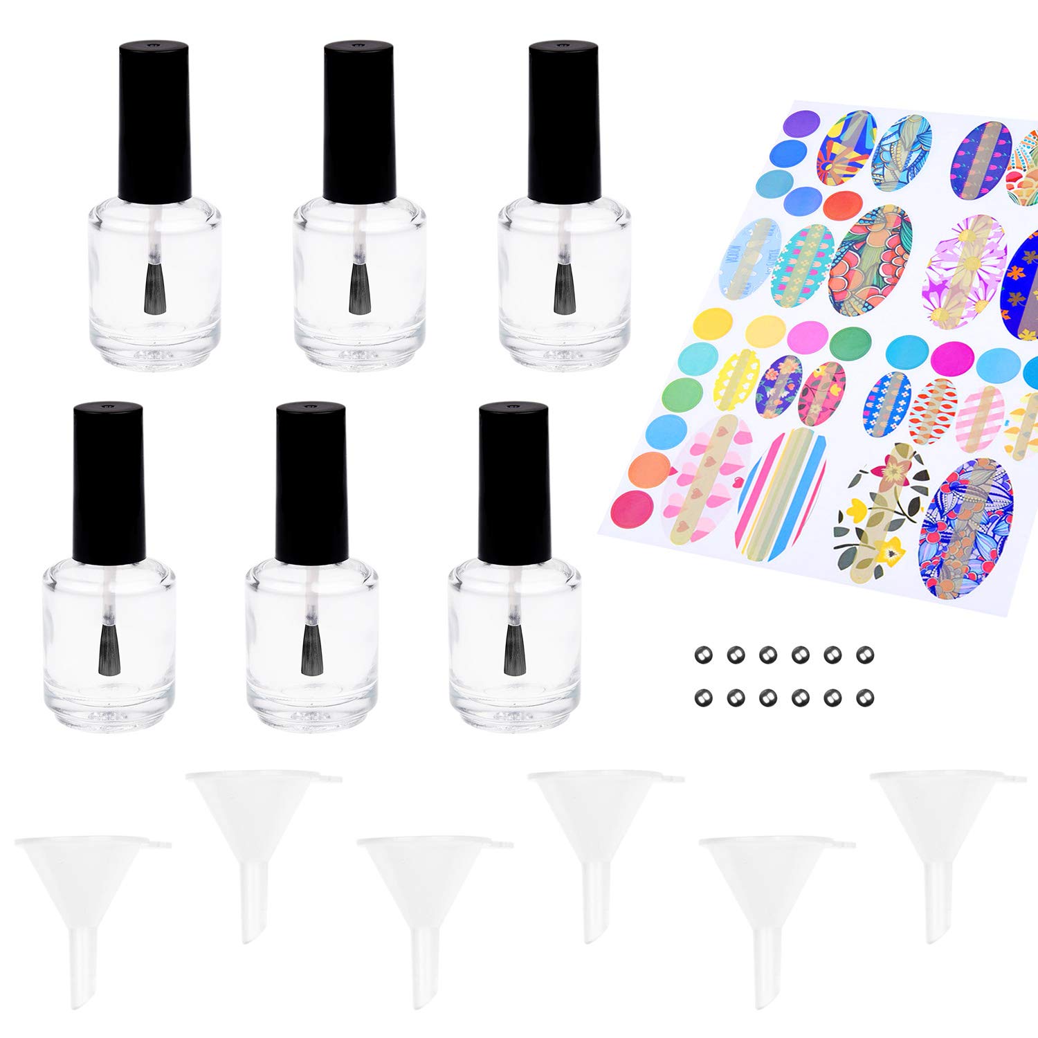 Empty Nail Polish Bottles with Dupont Brushes - Set of 6 - Clear Transparent Glass - Including Funnels (for Easy Filling) and Mixing Balls (for Better Mixing Results) - Make Your Own Nail Polish