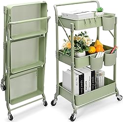 Foldable 3 Tier Rolling Cart, Metal Utility