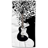 HGOD DESIGNS Music-Themed White and Black Guitar & Note Bath Towels - soft, cotton, spa/hotel/kitchen towels, 15"x30"