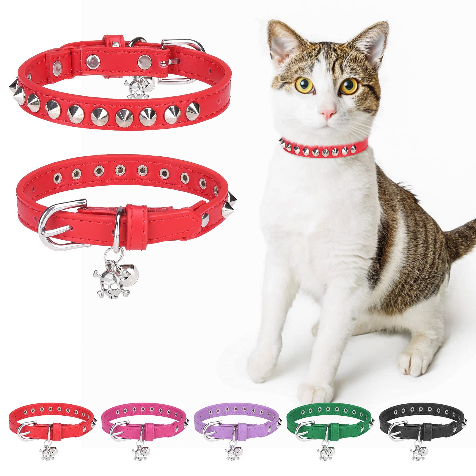 DILLYBUD Leather Cat Collars for Boy Girl Cats with Bell and Safety Elastic Belt, Personalized Rivets Stud Adjustable Safe Buckle Collar with Skull Charm for Kitty Small Pets, Red