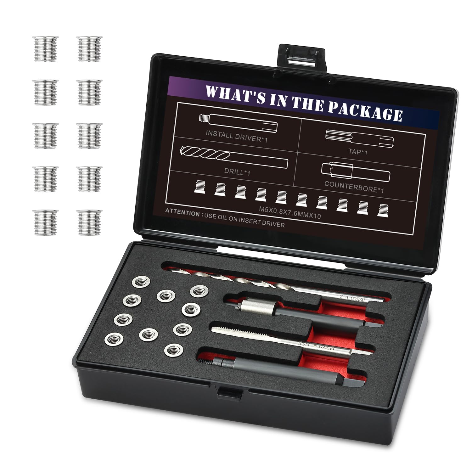 Photo 1 of SENNMONN M5X0.8X7.6MM Thread Repair Kit with Insert HSS Drill, Tap, Counterbore, Installation Driver, Metric, 10PCS Stainless Steel Insert M5X0.8X7.6MM