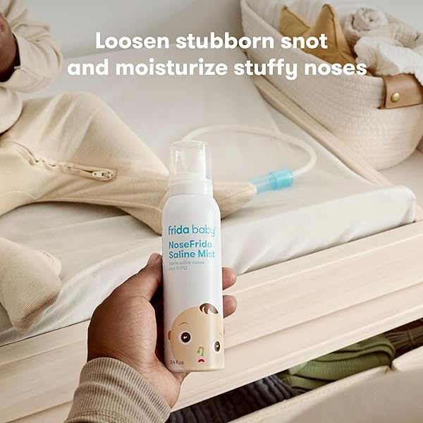 FRIDA BABY NOSEFRIDA SALINE MIST SPRAY, BABY SALINE NASAL SPRAY DECONGESTANT FOR ALLERGY RELIEF AND CONGESTION RELIEF TO SOFTEN NASAL PASSAGES, 3.4 FL.OZ.
