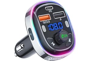 SONRU​ Bluetooth 5.3 FM Transmitter for Car, Bluetooth Car Adapter, PD 30W & QC3.0 18W Fast Car Charger, Wireless FM Radio Music Adapter, Stronger Dual Mics/7 Colored LED Backlit/Hands-Free Calling