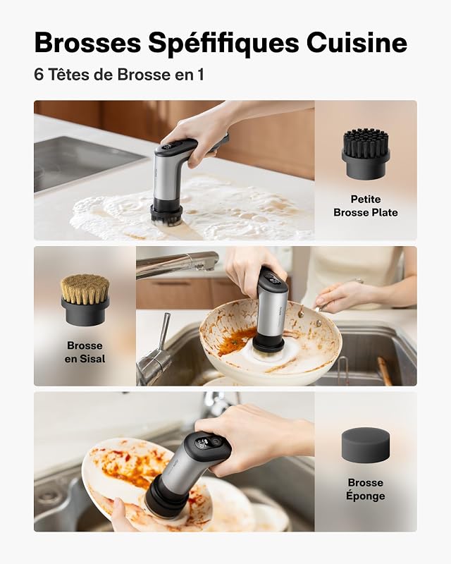 Grip™ Brosse Nettoyante Électrique, IPX7 Étanche, Légère (0.29 kg) avec 6 Têtes, Brosse Électrique Nettoyage pour Cuisine, Vaisselle, Évier, Gril, Plaque de Cuisson, Carrelage, Ustensiles