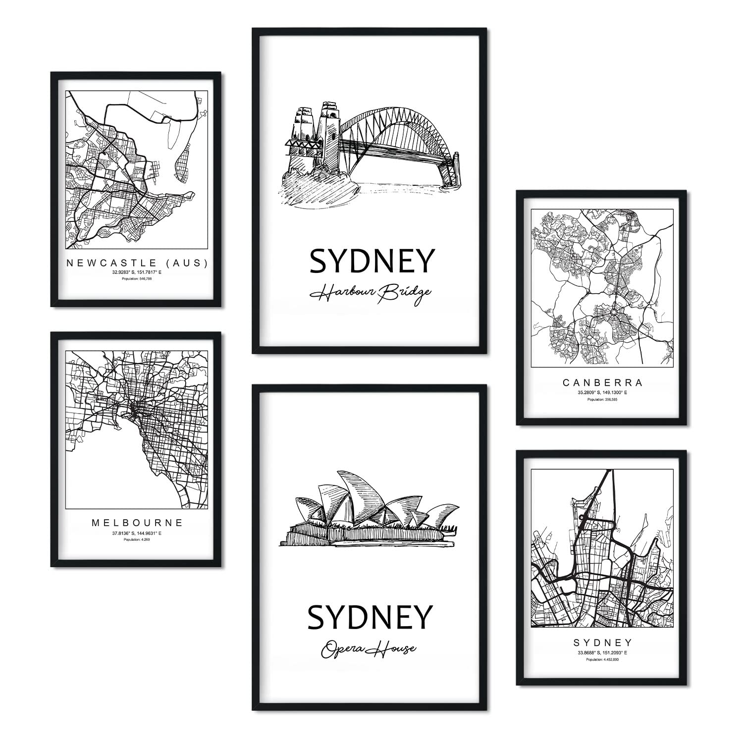 Nacnic Set of 6 prints of Australia. Aesthetic posters of maps and monuments in Black and White for your home, business, office. Nordic style interior decoration. A4 and A3 sizes. Without frame.