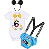 Baby Boy 1/2 Half Birthday Cake Smash Outfit Romper+Diaper Cover+Suspenders+Mouse Headband 4pcs Set Photo Shoot