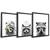 Aglcatie Bathroom Picture Wall Decor Set of 3, Black and White Raccoon Bathroom Wall Art, Funny Raccoon with Toilet Paper Canvas Poster Artwork Print Painting for Restroom Washroom 8x10 inch Unframed