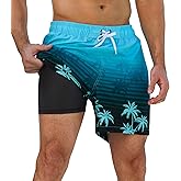 SILKWORLD Mens Swim Trunks 2 in 1 Quick Dry Bathing Suit with Compression Liner Beach Shorts with Zipper Pockets