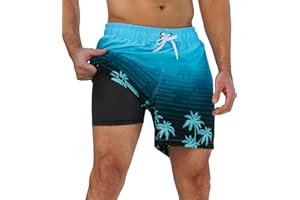 SILKWORLD Mens Swim Trunks 2 in 1 Quick Dry Bathing Suit with Compression Liner Beach Shorts with Zipper Pockets