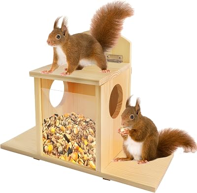 Suewidfay Squirrel Feeder with Lift-Up Lid Wooden Waterproof Durable